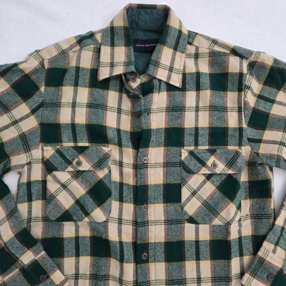 Vtg 90s Green Plaid Flannel Shirt Men's Small Arrow Sportswear Cabincore Grunge - Picture 15 of 15